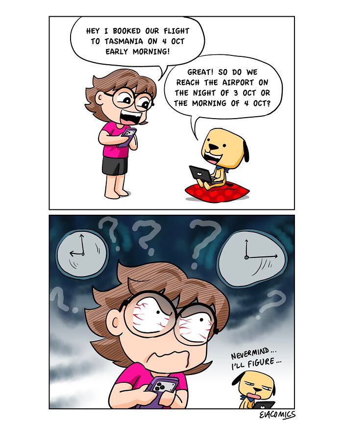 Comic showing travel culture shock with confused character trying to understand flight times and time zones.