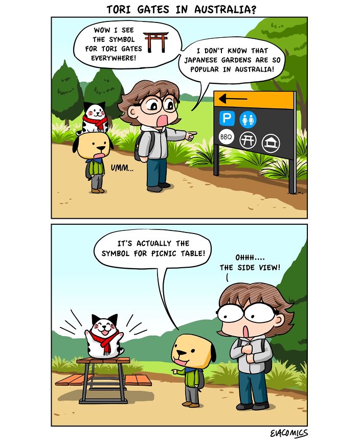 Comic illustrating travel culture shock with characters misunderstanding the picnic table symbol for Tori gates in Australia.