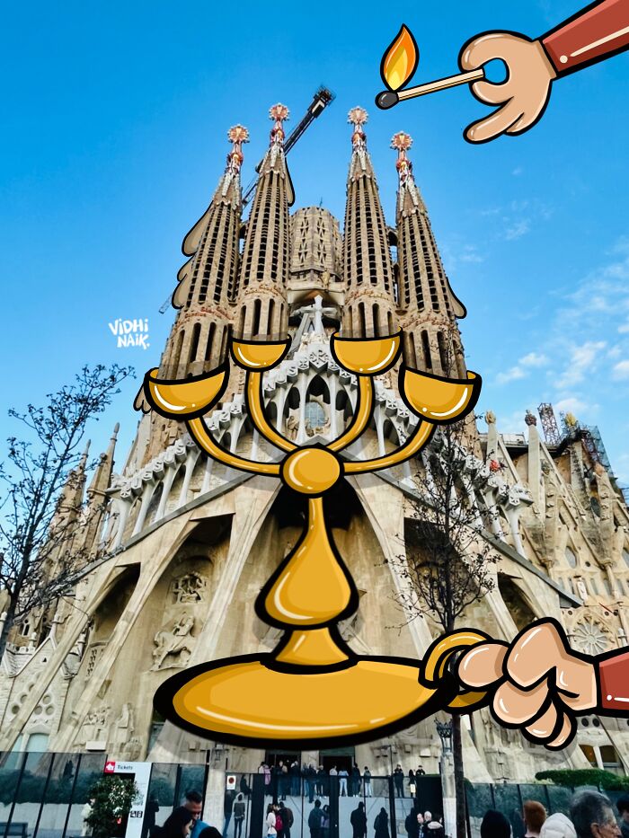 Sagrada Familia with cartoon candelabra and matchstick added, showcasing artist turning everyday places into cartoon scenes.
