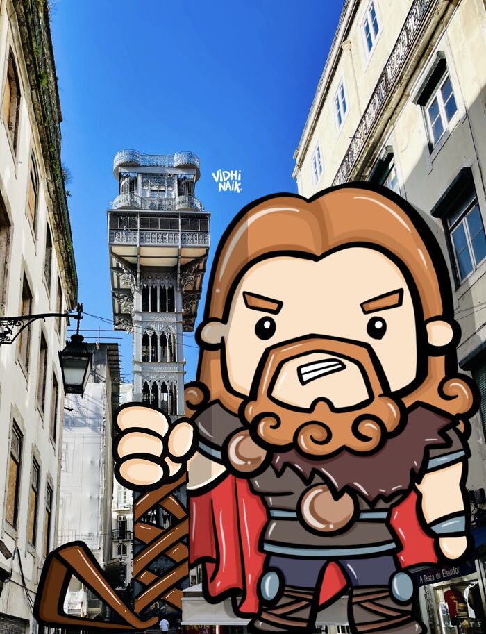 Cartoon warrior character digitally added to an everyday street scene with historic architecture on a clear blue sky day.