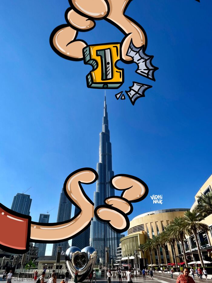 Cartoon hands interact with Burj Khalifa, turning everyday places into creative little cartoon scenes by the artist.