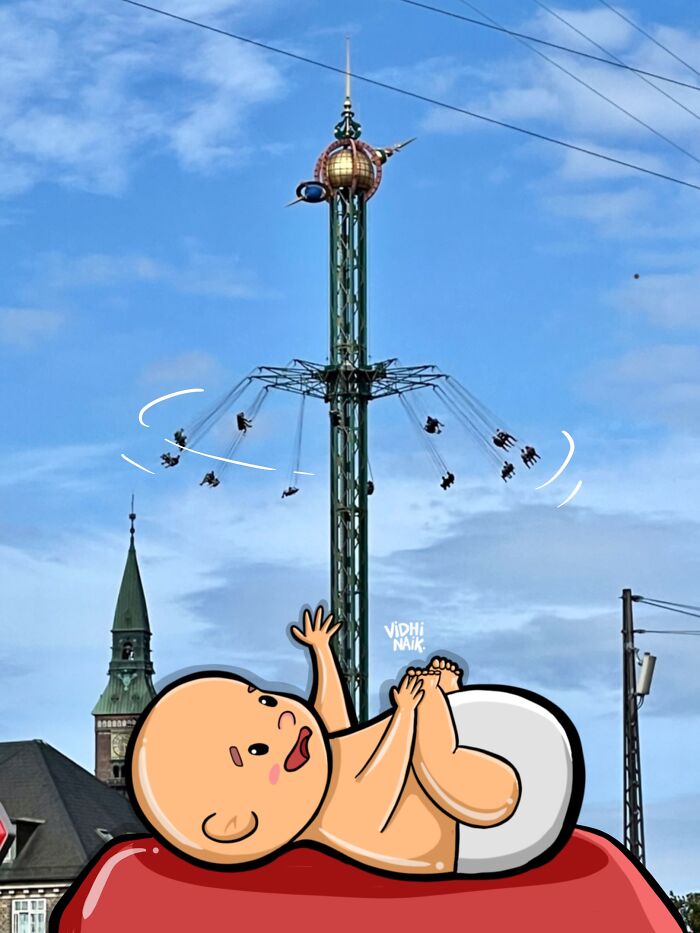 Amusement park swing ride with cartoon baby illustration added, blending everyday place into little cartoon scenes.