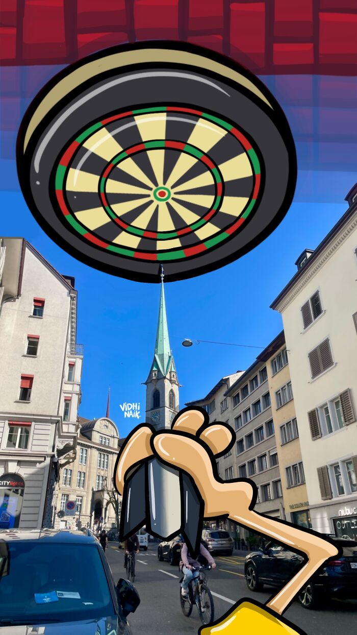 Cartoon scene of a hand throwing a dart at a dartboard in a busy city street, blending everyday places with art.
