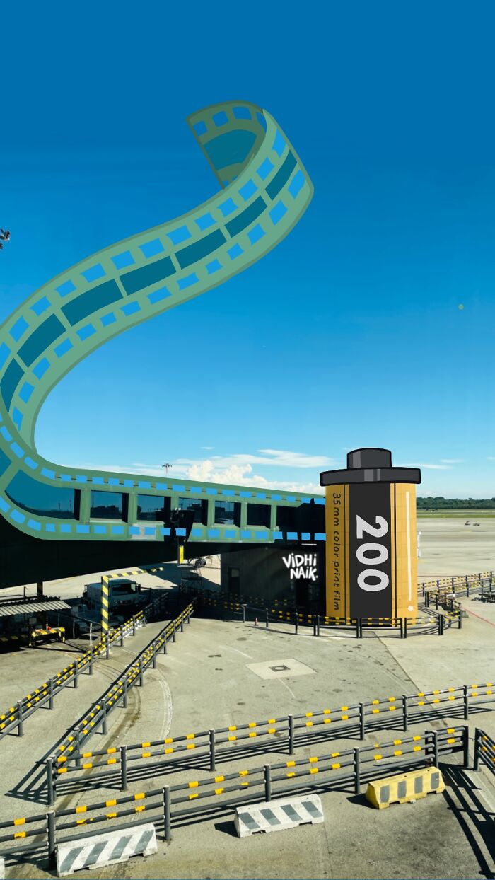 Cartoon scene of a 35mm film roll and winding film strip added to an everyday airport setting by artist.