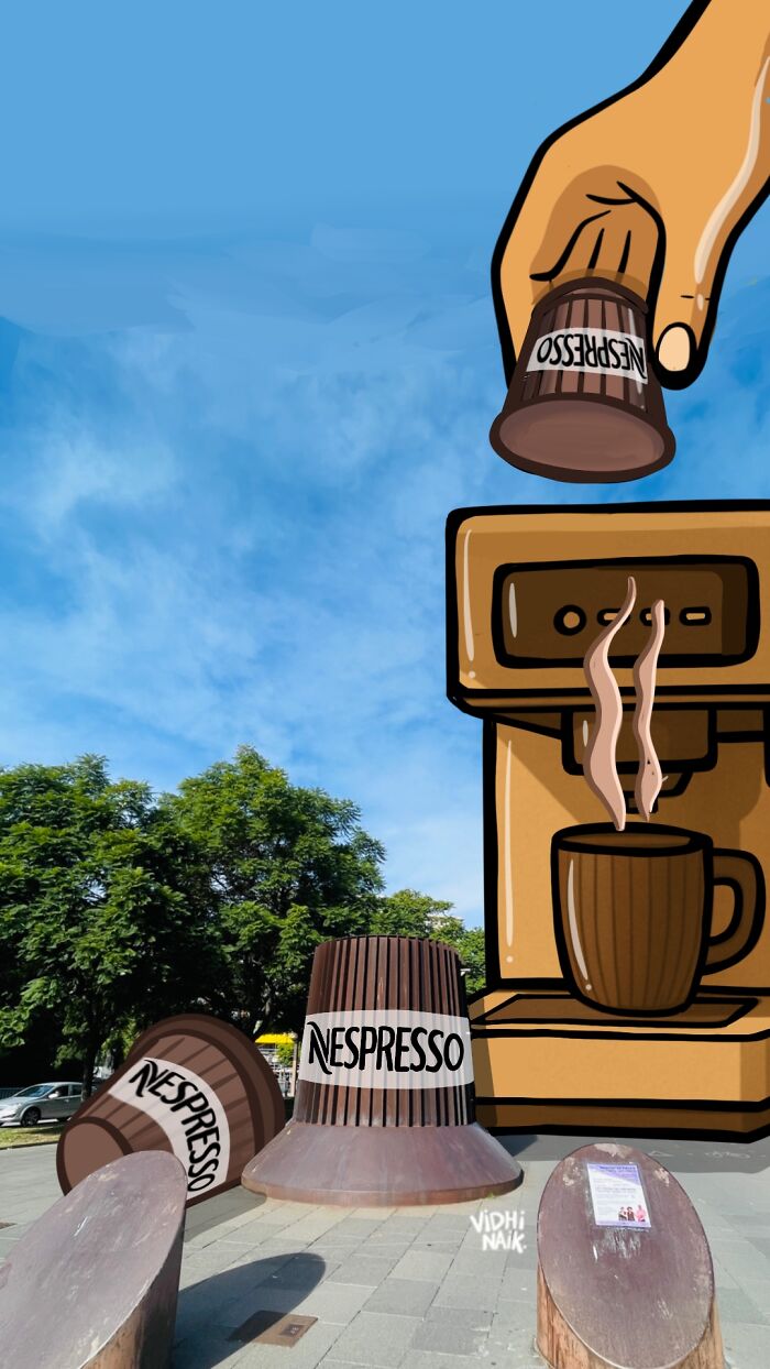 Cartoon scene by artist showing Nespresso capsules as coffee cups and machine in an everyday outdoor setting.