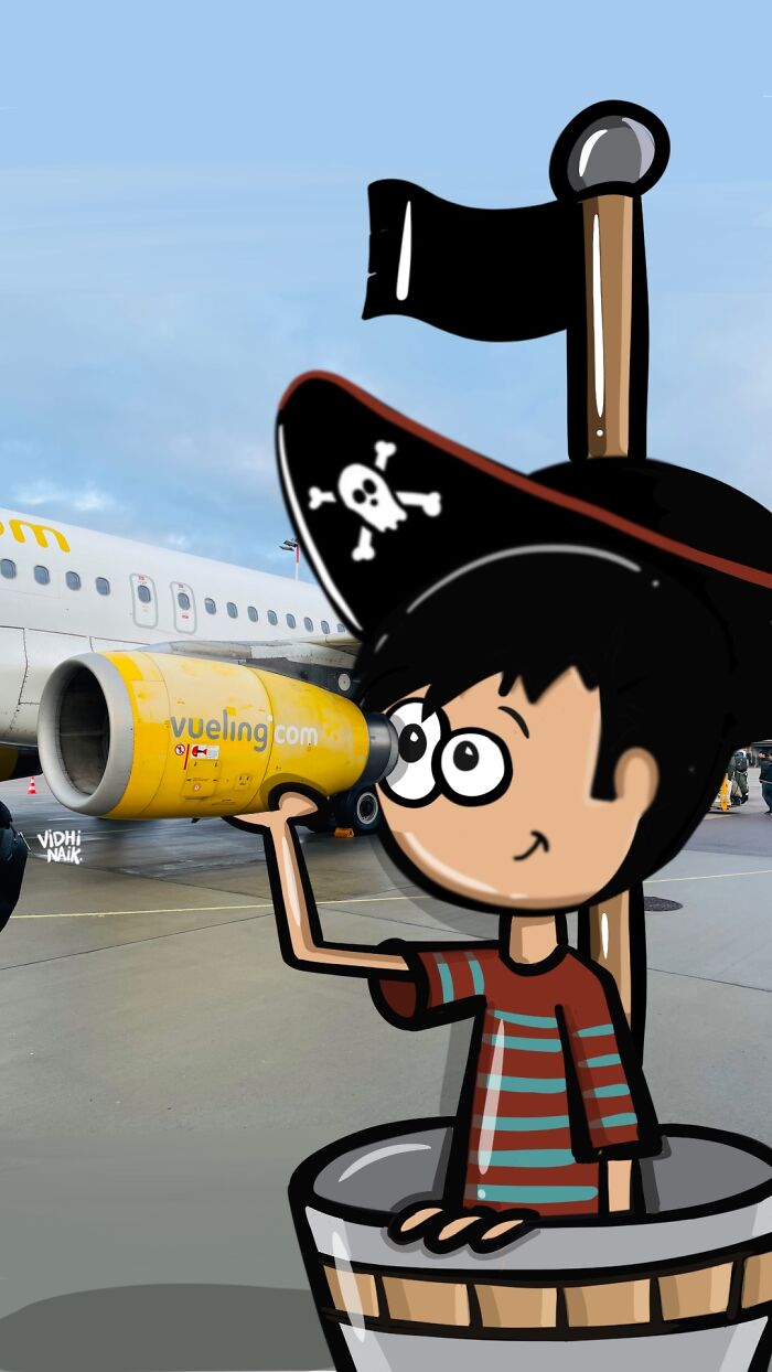 Cartoon pirate boy uses airplane engine as a telescope, showcasing artist turning everyday places into little cartoon scenes.