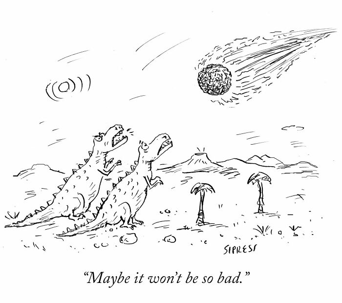 Two dinosaurs looking worried at a meteor falling from the sky in a New Yorker cartoon by David Sipress.