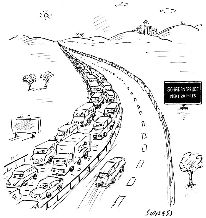 Black and white New Yorker cartoon by David Sipress showing heavy traffic on one side of a highway and empty lanes on the other side.