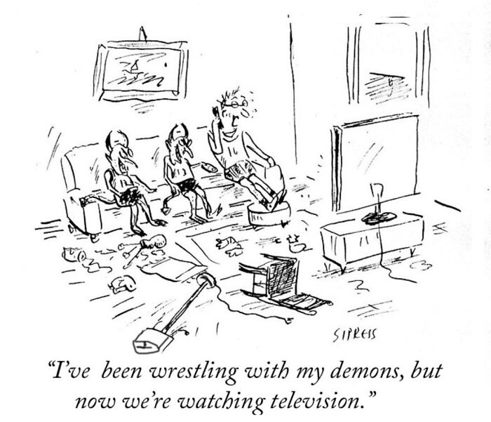 New Yorker cartoon by David Sipress showing three figures watching television in a messy room with a humorous caption.