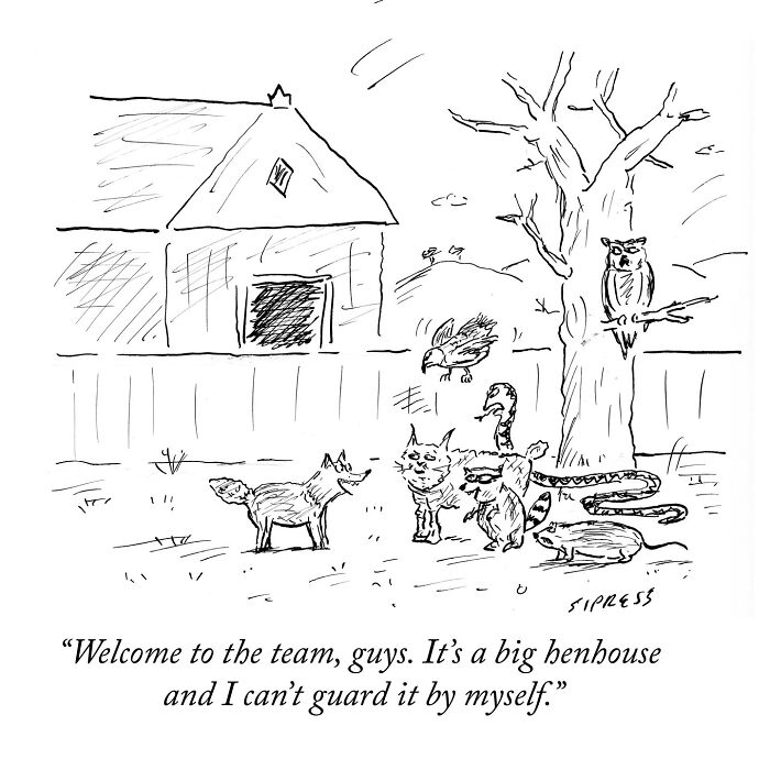 Hand-drawn New Yorker cartoon by David Sipress featuring animals guarding a henhouse in a humorous scene.