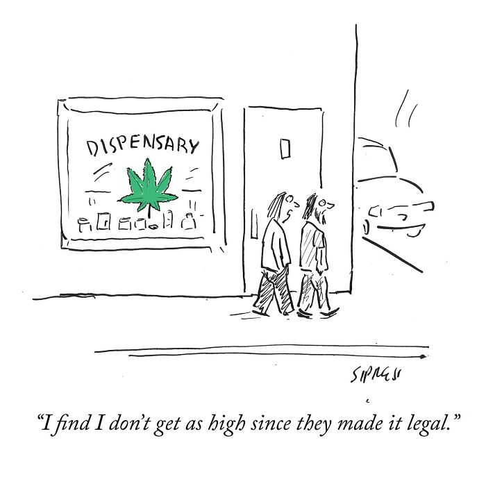 Two men walking past a dispensary in a New Yorker cartoon by David Sipress with a humorous caption about legalization.