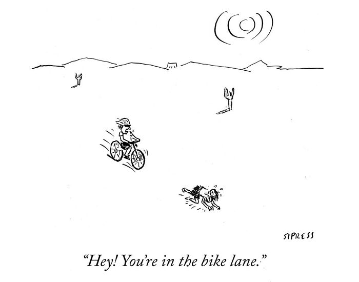 New Yorker cartoon by David Sipress showing a cyclist in the bike lane and a person fallen on the road.