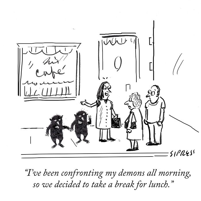 New Yorker cartoon by David Sipress showing a woman with demons outside a café discussing taking a lunch break.