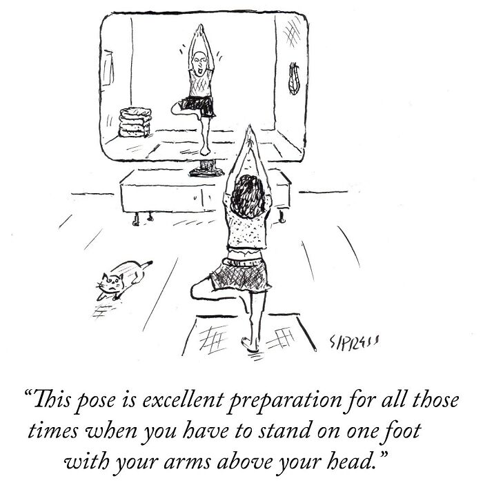 New Yorker cartoon by David Sipress showing a woman practicing yoga balancing on one foot in front of a mirror.