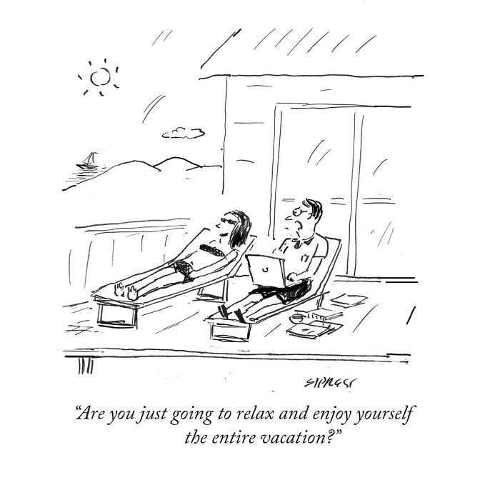 New Yorker cartoon by David Sipress showing a man working on a laptop while a woman relaxes outside on vacation.