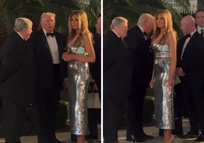 Melania Trump in a silver dress displaying body language at Mar-a-Lago New Year's Eve event with guests in tuxedos.