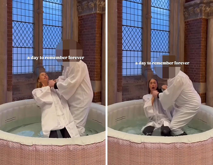 Adult star wearing white robe being baptized in a small indoor baptismal pool during a religious ceremony. Adult star wearing white robe being baptized in a small indoor baptismal pool during a religious ceremony.