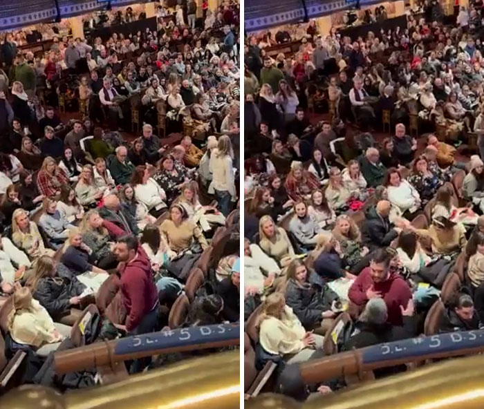Male Karen shouting in crowded Broadway theater during Mamma Mia performance, audience reacting