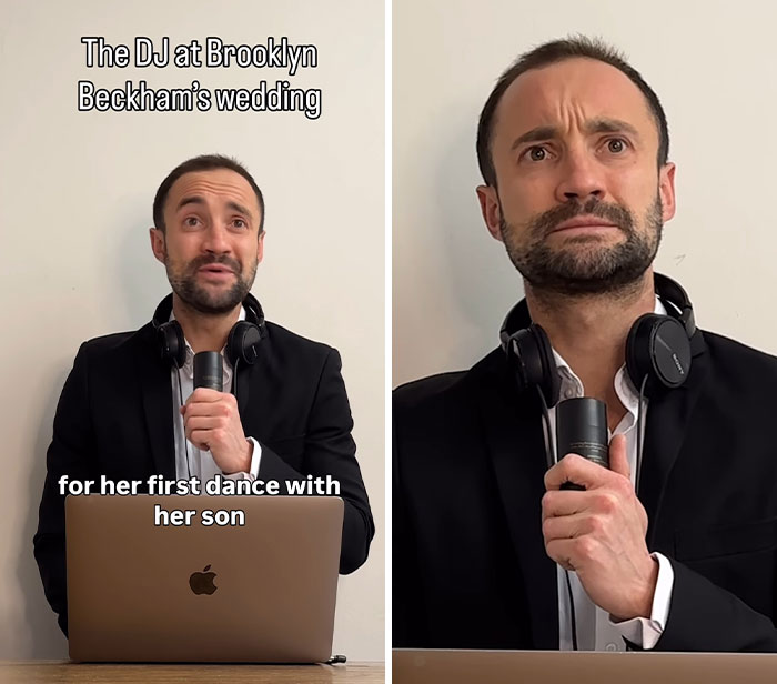 Man with headphones and microphone acting as DJ at Brooklyn Beckham wedding, referencing Cruz Beckham mock claims.