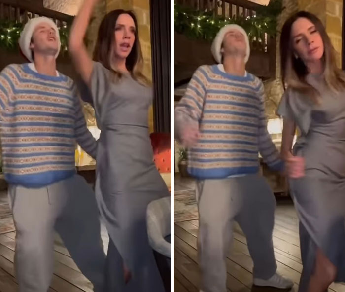 DJ at Brooklyn Beckham's wedding dancing indoors wearing a patterned sweater and gray dress during a festive event.