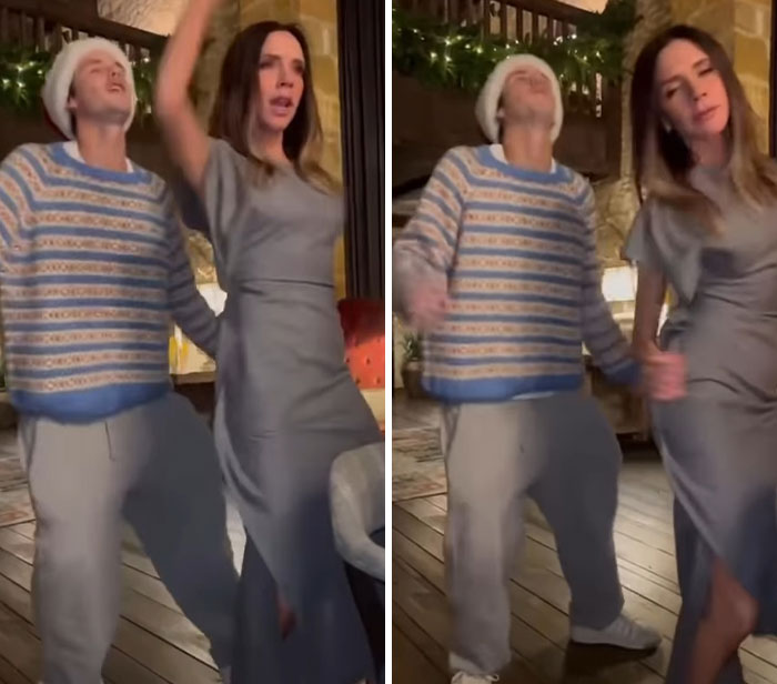 Victoria Beckham and Cruz Beckham dancing playfully indoors, mocking Brooklyn's claim about inappropriate dancing at wedding.