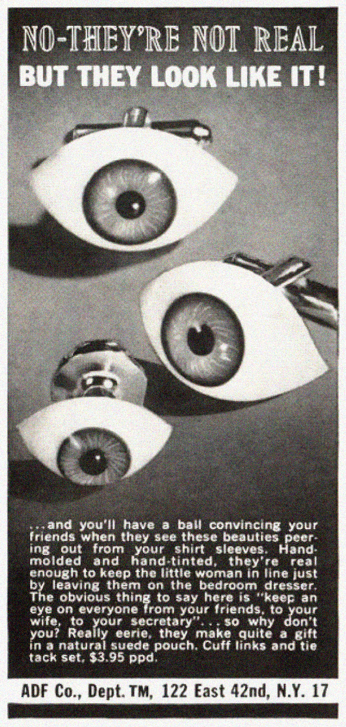Vintage ad featuring eye-shaped cuff links and tie tack in a quirky design from bizarre vintage ads collection.