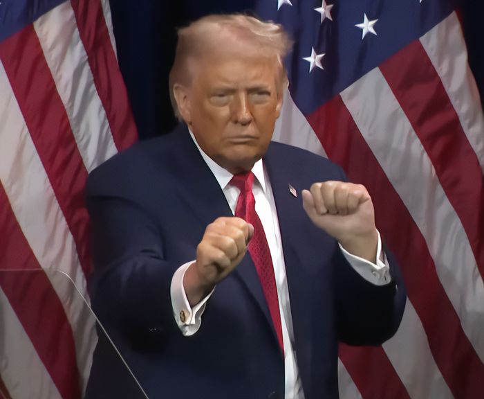 Donald Trump at a podium with American flags, professional stylist reveals why Trump's hair has turned pink.