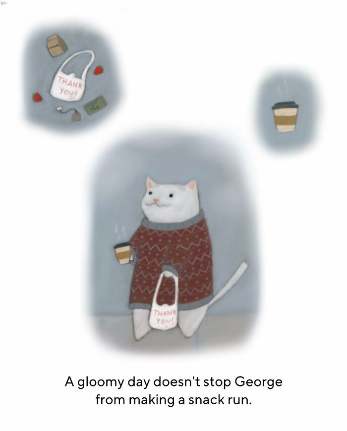 Wholesome cat illustration of white cat in cozy sweater holding coffee and thank you bag on gloomy day.