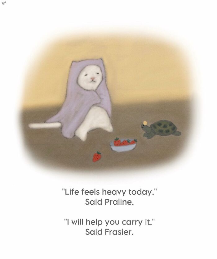 Wholesome cat illustration with cozy vibes shows a cat wrapped in a blanket talking to a turtle with strawberries nearby.