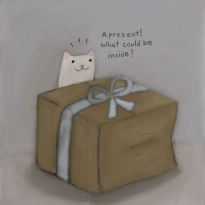 Wholesome cat illustration with a curious cat peeking behind a gift box, featuring subtle humor and cozy vibes.