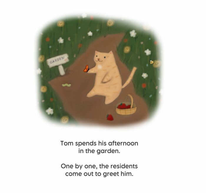 Cat illustration showing a cozy garden scene with a cat holding a butterfly, capturing wholesome and subtle humor vibes.