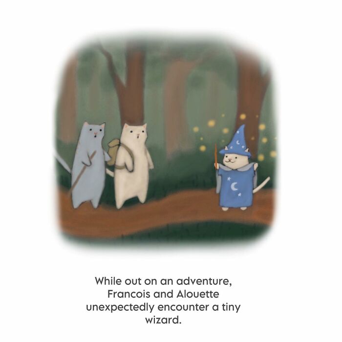 Wholesome cat illustrations featuring subtle humor and cozy vibes with cats on a magical forest adventure.