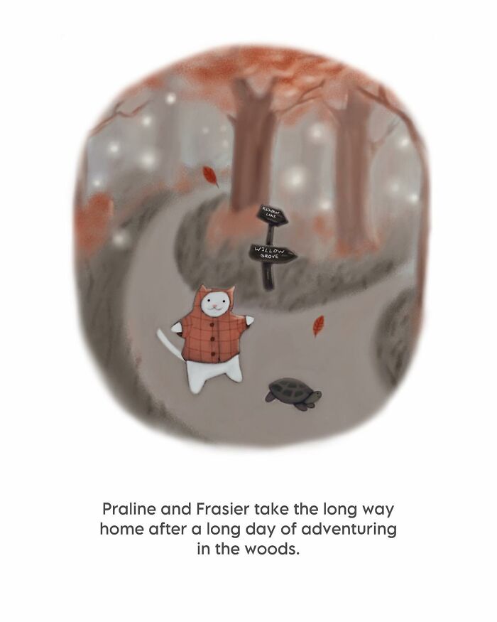 Cat illustration showing a cozy cat in a red jacket and a turtle walking through a misty forest path.