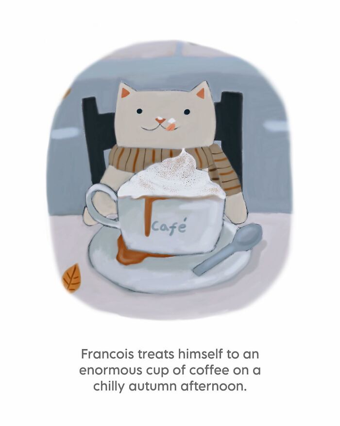 Wholesome cat illustration of a cozy cat enjoying a large cup of coffee on a chilly autumn afternoon.