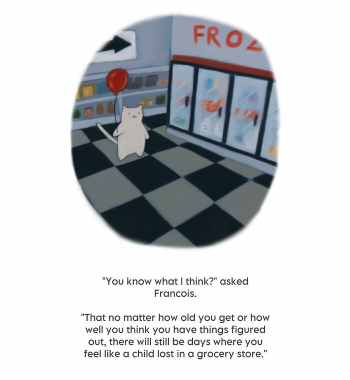 Wholesome cat illustration showing a cat holding a red balloon in a grocery store with cozy vibes and subtle humor.