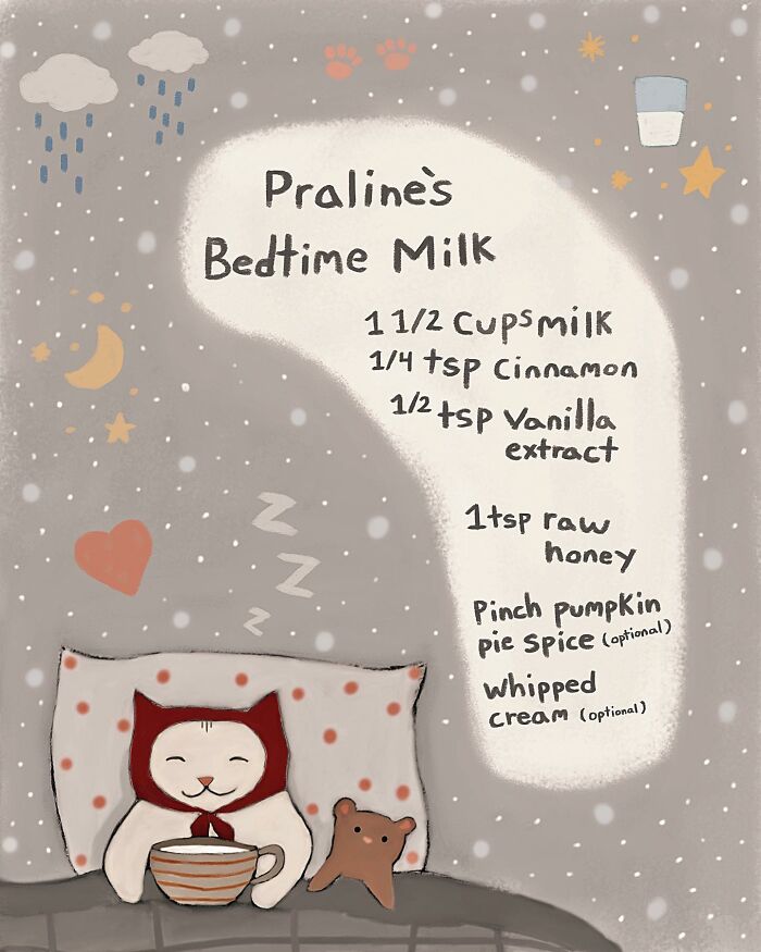 Wholesome cat illustration of a cozy cat with a bedtime milk recipe surrounded by stars, clouds, and soft colors.