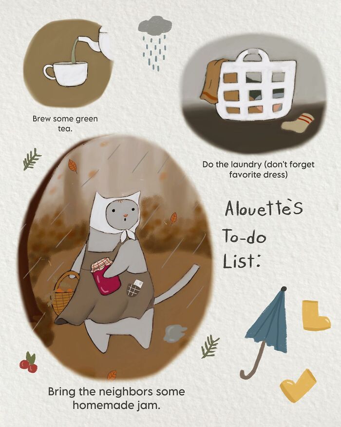 Wholesome cat illustration with cozy vibes showing a cat doing everyday tasks on a rainy day with subtle humor.