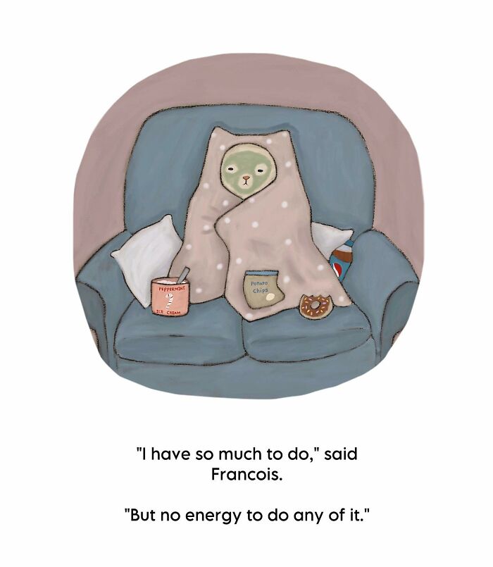 Cozy cat illustration wrapped in a blanket on a couch with snacks, featuring subtle humor and wholesome vibes.