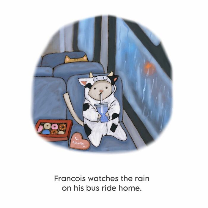 Cat illustration of a cozy cat in a cow costume drinking a beverage on a rainy bus ride with subtle humor.