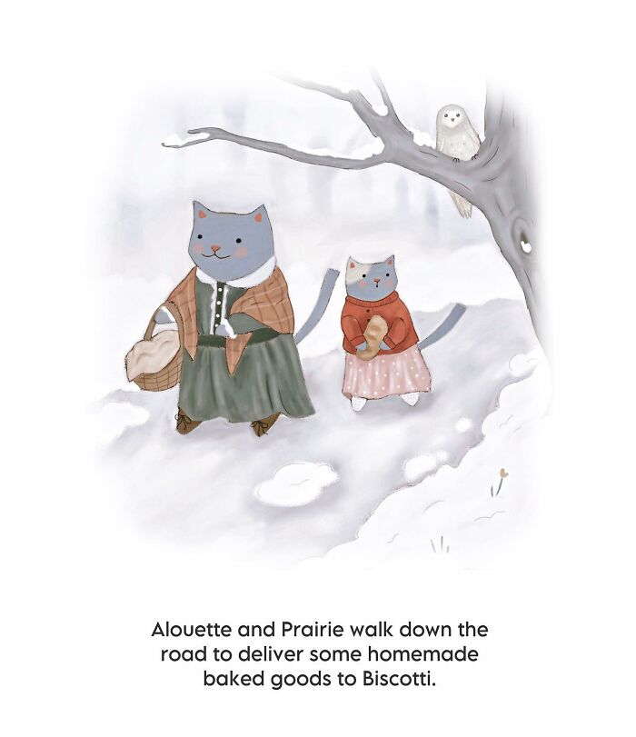 Two wholesome cat illustrations in cozy clothes walking in snow with subtle humor and warm winter vibes.