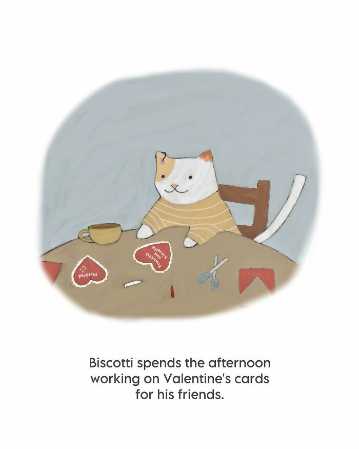 Cat illustration of a cozy cat making heartfelt Valentine's cards, showcasing wholesome cat illustrations and subtle humor.