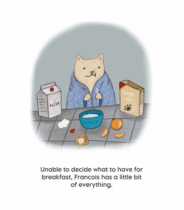 Cozy cat illustration showing a cat in a robe with cereal, milk, and breakfast items, full of subtle humor and vibes.