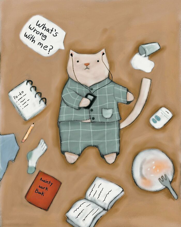 Cozy cat illustration with subtle humor showing a stressed cat surrounded by books, food, and a to-do list.