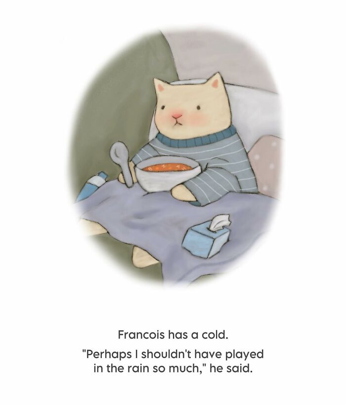 Cozy cat illustration of a cat named Francois with a cold, holding soup and sitting with tissues and blanket.