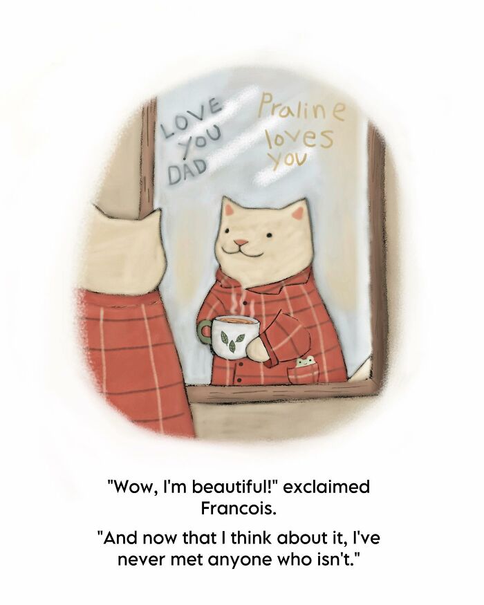 Cozy cat illustration showing a cat in a red shirt holding a mug, reflecting subtle humor and warm vibes.