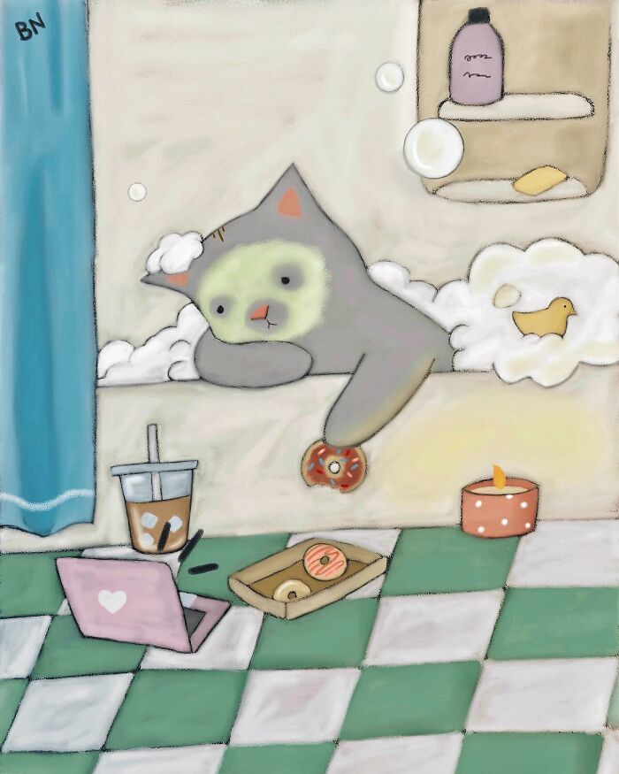 Cozy cat illustration with subtle humor showing a cat relaxing in a bubbly bath with donuts and a laptop nearby.