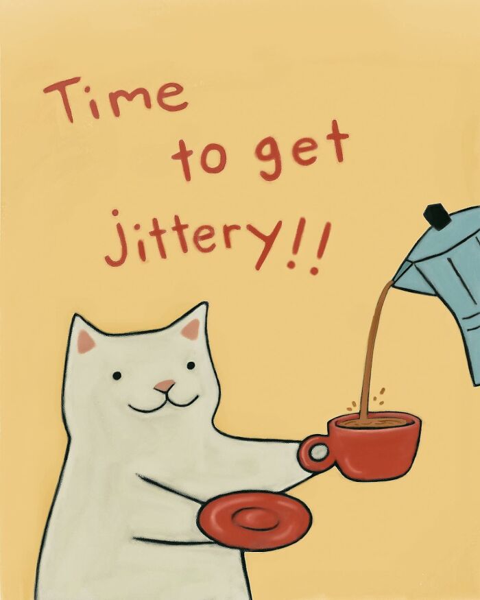 Wholesome cat illustration with subtle humor showing a white cat holding a coffee cup and saucer with warm cozy vibes.