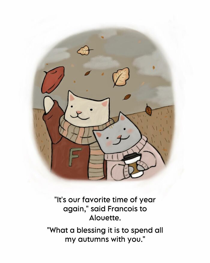 Cozy cat illustrations showing two cats enjoying autumn with scarves and warm drinks in a wholesome, humorous style.