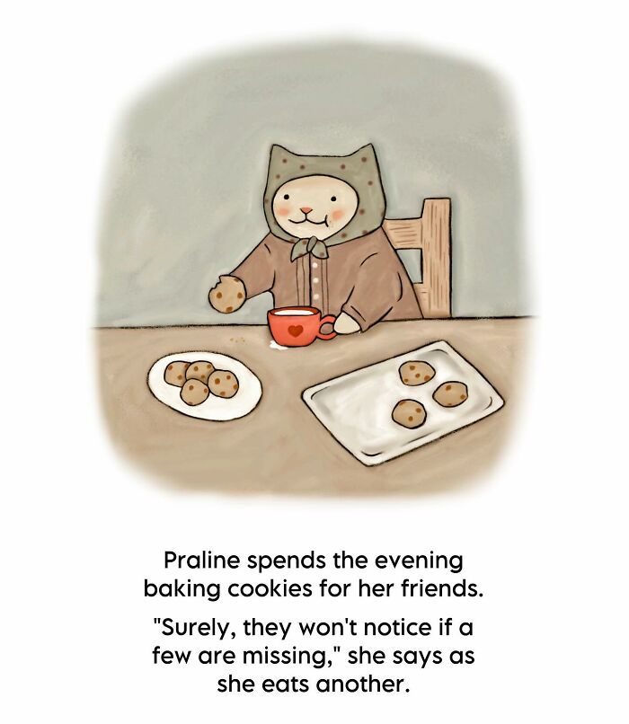 Wholesome cat illustration of a cozy cat character baking and eating cookies in a warm, subtle humorous scene.