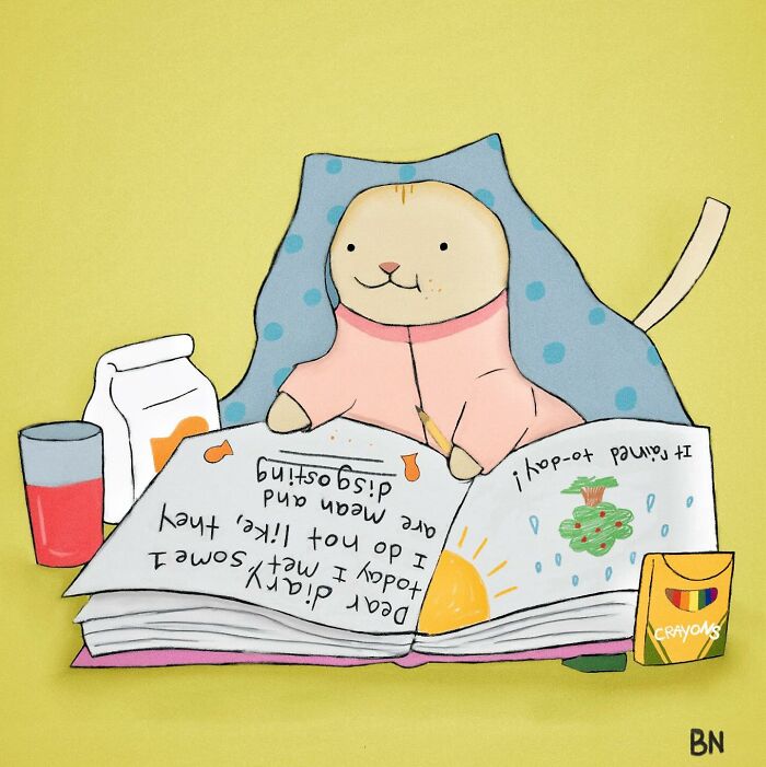 Cozy cat illustration with subtle humor, showing a cat writing in a journal surrounded by crayons and a drink.